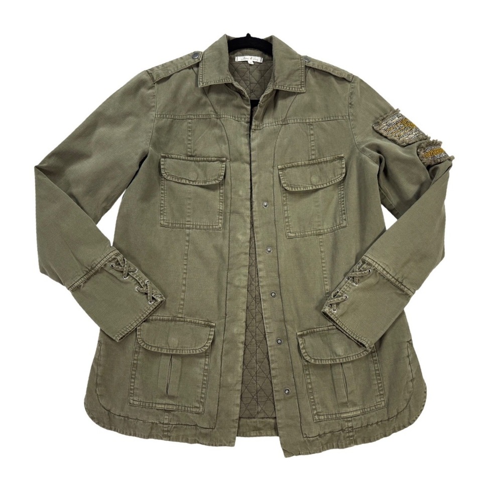 Willow & Clay Utility Jacket Womens S Green Excellent Beaded Lace Up Corduroy
